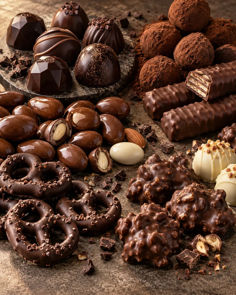 Illustrative assortment of chocolate bonbons, truffles, coated nuts, pretzels and enrobed confections