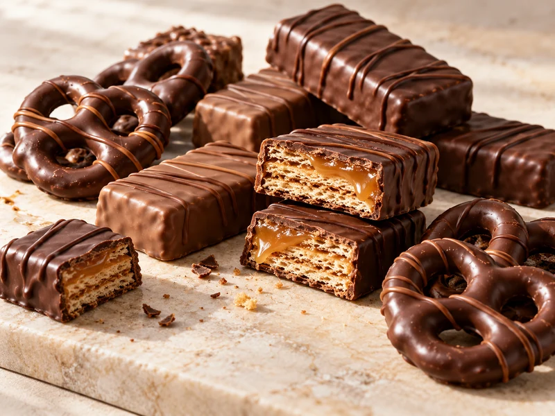 Illustrative chocolate enrobed wafer and caramel bites with chocolate covered pretzels