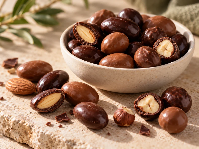 Illustrative milk and dark chocolate coated almonds and hazelnuts, with cut centers